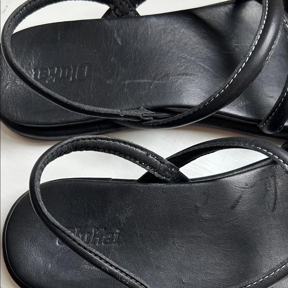 OluKai Black Triple-Strap Leather Slide Sandals - Picture 3 of 5